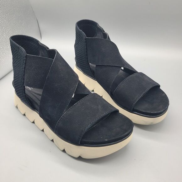 Eileen Fisher Chant  Black Leather/ Mesh Platform Wedge Sandal Sz 7.5 floor pair - Picture 2 of 10